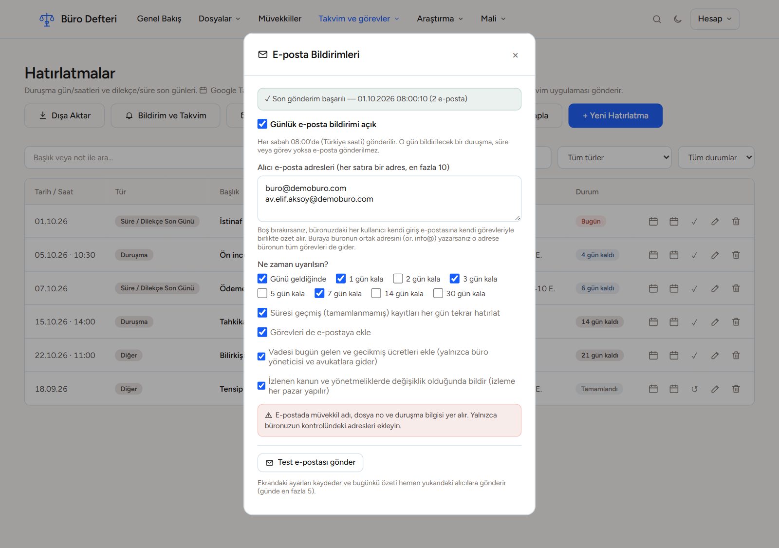 E-posta Bildirimleri ayar penceresi